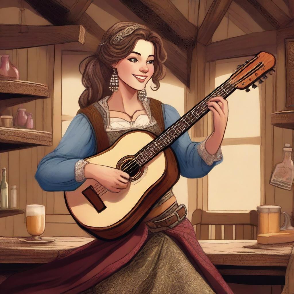 A detailed illustration of a human female bard