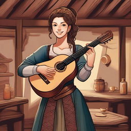 A detailed illustration of a human female bard