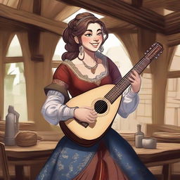 A detailed illustration of a human female bard