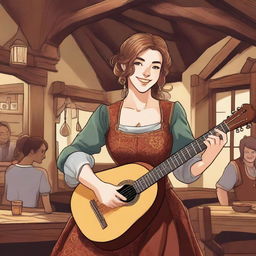 A detailed illustration of a 19-year-old human female bard