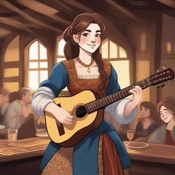 A detailed illustration of a 19-year-old human female bard