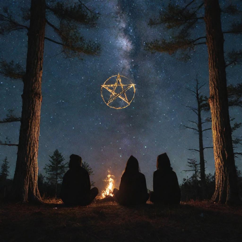 Three teenage boys and one girl nestled within a cypress forest, transfixed by a blazing witchy pentagram amidst them under the starry night sky, evoking an aura of enigmatic fascination.