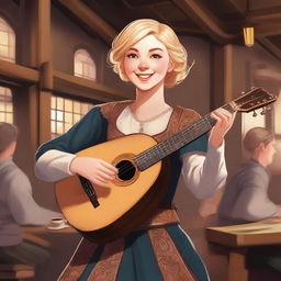 A detailed illustration of a 19-year-old human female bard with short blonde hair