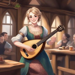 A detailed illustration of a 19-year-old human female bard with short blonde hair