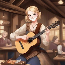 A detailed illustration of a 19-year-old human female bard with short blonde hair