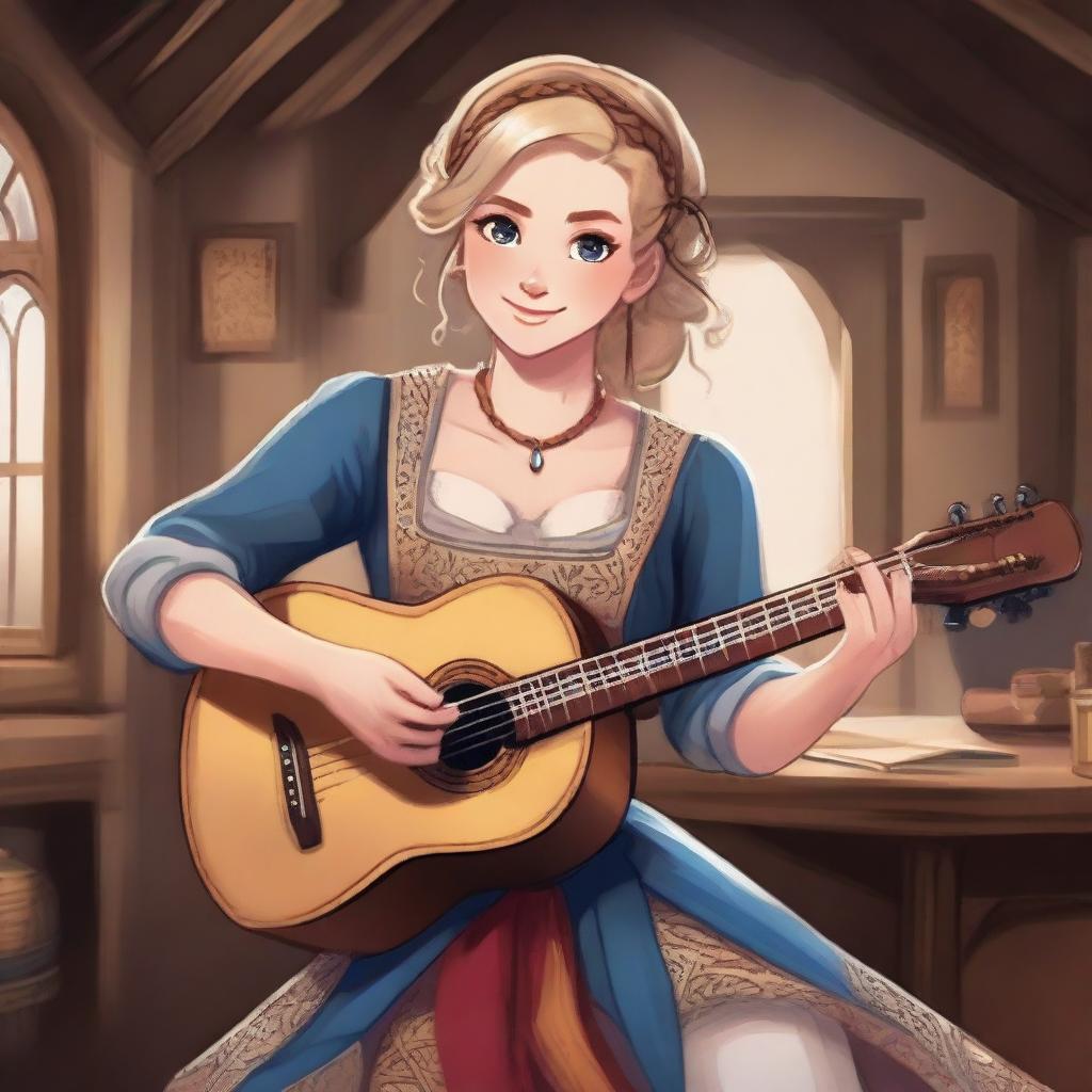 A detailed illustration of a 19-year-old human female bard with short blonde hair