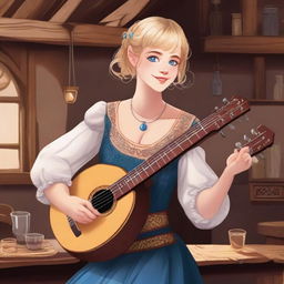 A detailed illustration of a 19-year-old human female bard with short blonde hair and big blue eyes