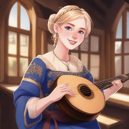 A detailed illustration of a 19-year-old human female bard with short blonde hair and big blue eyes