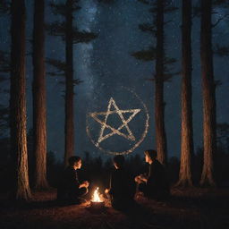 Three teenage boys and one girl nestled within a cypress forest, transfixed by a blazing witchy pentagram amidst them under the starry night sky, evoking an aura of enigmatic fascination.