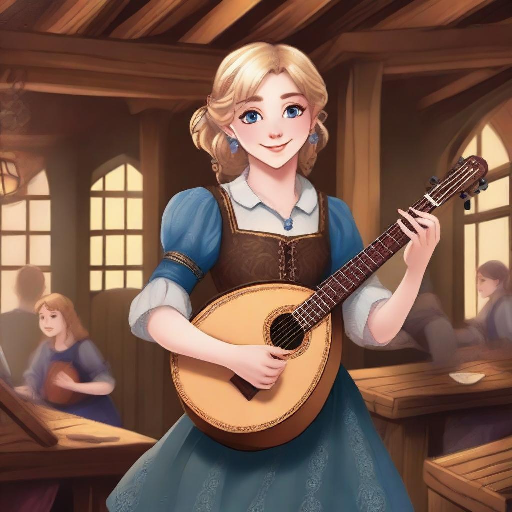 A detailed illustration of a 19-year-old human female bard with short blonde hair and big blue eyes