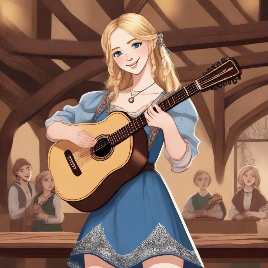 A detailed illustration of a 19-year-old human female bard with shoulder-length blonde hair and big blue eyes