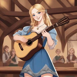 A detailed illustration of a 19-year-old human female bard with shoulder-length blonde hair and big blue eyes