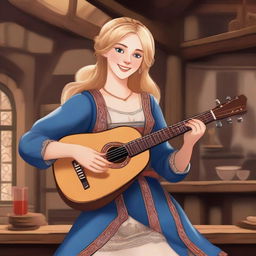 A detailed illustration of a 19-year-old human female bard with shoulder-length blonde hair and big blue eyes