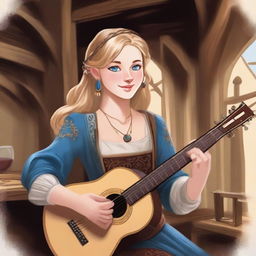 A detailed illustration of a 19-year-old human female bard with shoulder-length blonde hair and big blue eyes