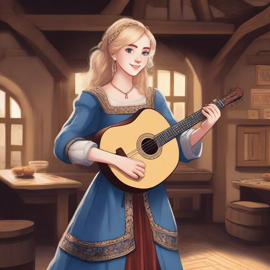 A detailed illustration of a 19-year-old human female bard with shoulder-length blonde hair and big blue eyes