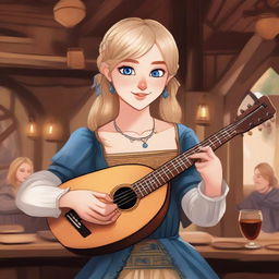 A detailed illustration of a 19-year-old human female bard with neck-length blonde hair and big blue eyes