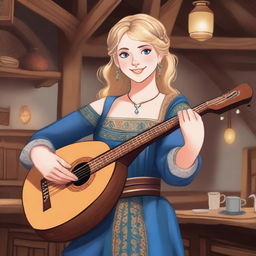 A detailed illustration of a 19-year-old human female bard with neck-length blonde hair and big blue eyes