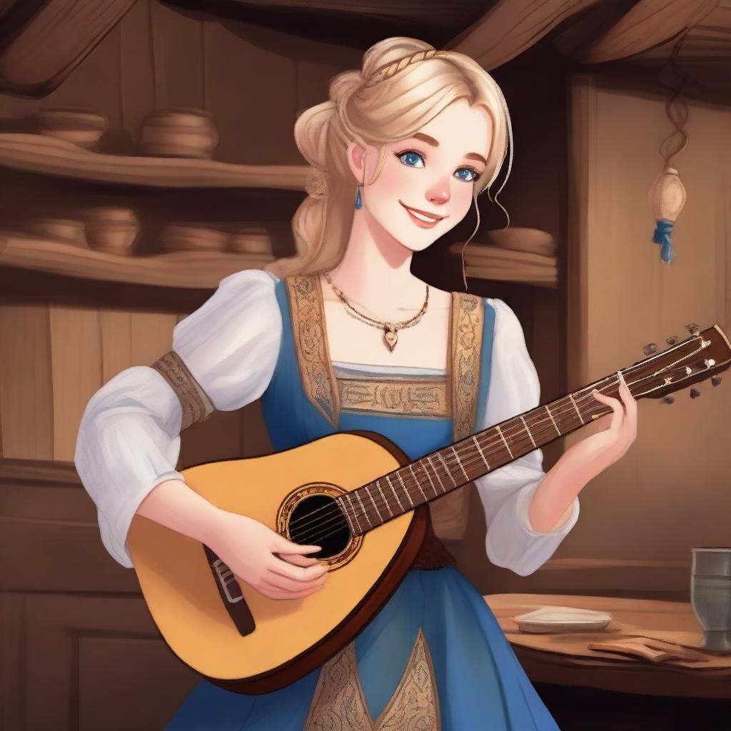 A detailed illustration of a 19-year-old human female bard with neck-length blonde hair and big blue eyes