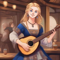 A detailed illustration of a 19-year-old human female bard with neck-length blonde hair and big blue eyes