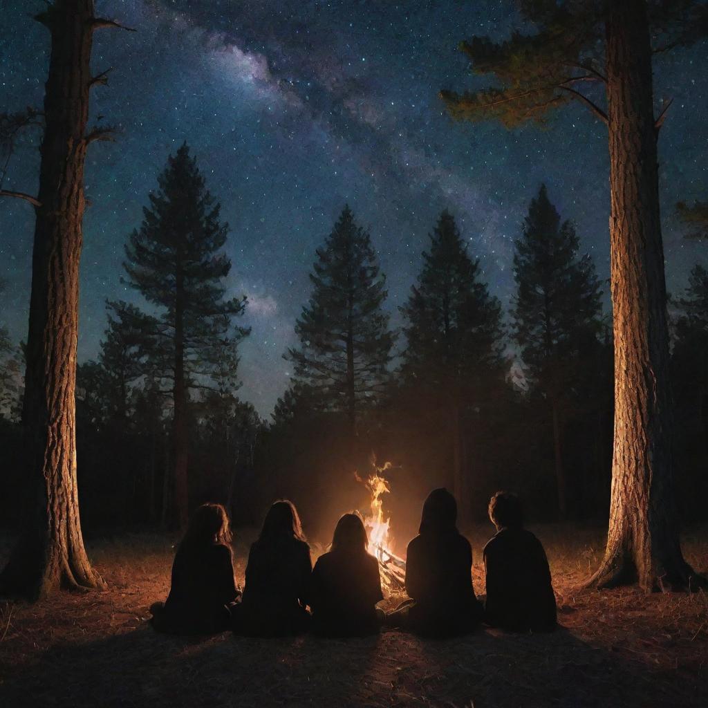 Three teenage boys and one girl nestled within a cypress forest, transfixed by a blazing witchy pentagram amidst them under the starry night sky, evoking an aura of enigmatic fascination.