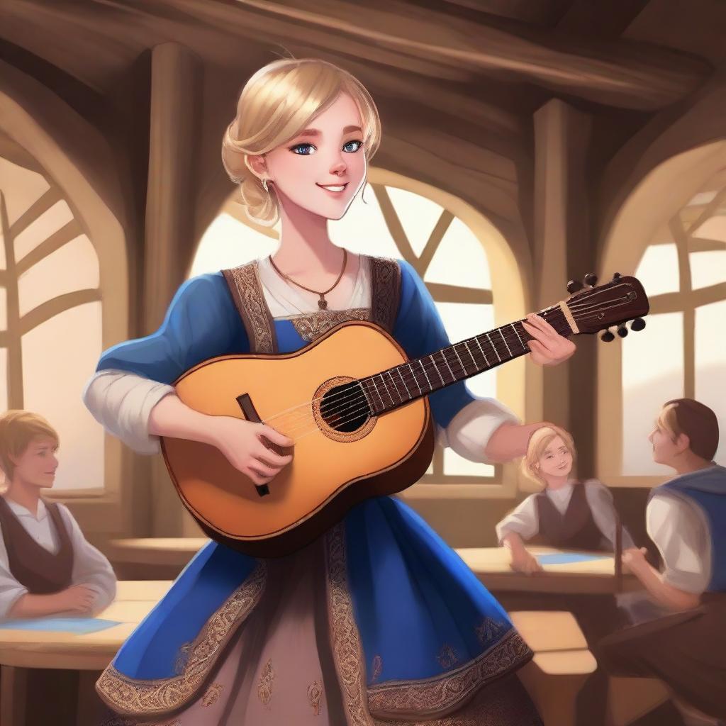 A detailed illustration of a 19-year-old human female bard with loose short blonde hair and big blue eyes