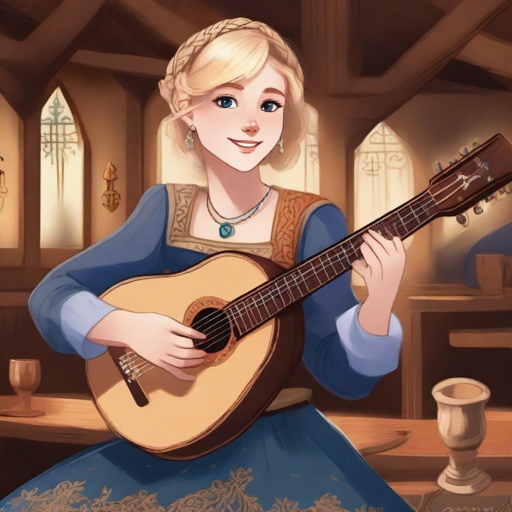 A detailed illustration of a 19-year-old human female bard with loose short blonde hair and big blue eyes