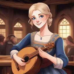 A detailed illustration of a 19-year-old human female bard with loose short blonde hair and big blue eyes