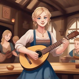 A detailed illustration of a 19-year-old human female bard with loose short blonde hair and big blue eyes