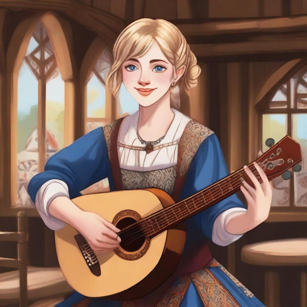 A detailed illustration of a 19-year-old human female bard with untied short blonde hair and big blue eyes