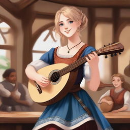 A detailed illustration of a 19-year-old human female bard with untied short blonde hair and big blue eyes