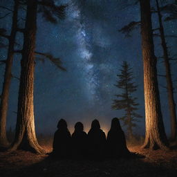 Three teenage boys and one girl nestled within a cypress forest, transfixed by a blazing witchy pentagram amidst them under the starry night sky, evoking an aura of enigmatic fascination.