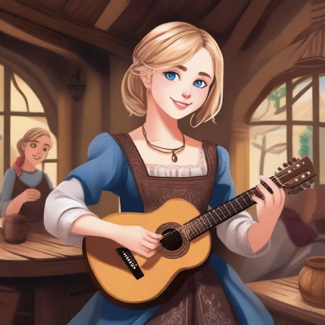 A detailed illustration of a 19-year-old human female bard with untied short blonde hair and big blue eyes