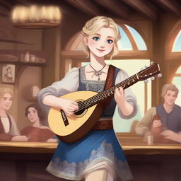 A detailed illustration of a 19-year-old human female bard with untied short blonde hair and big blue eyes