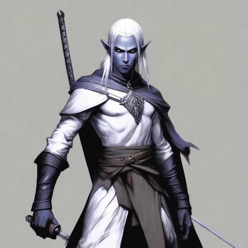 A male Drow elf from Dungeons & Dragons, 18 years old, with white hair, standing 1