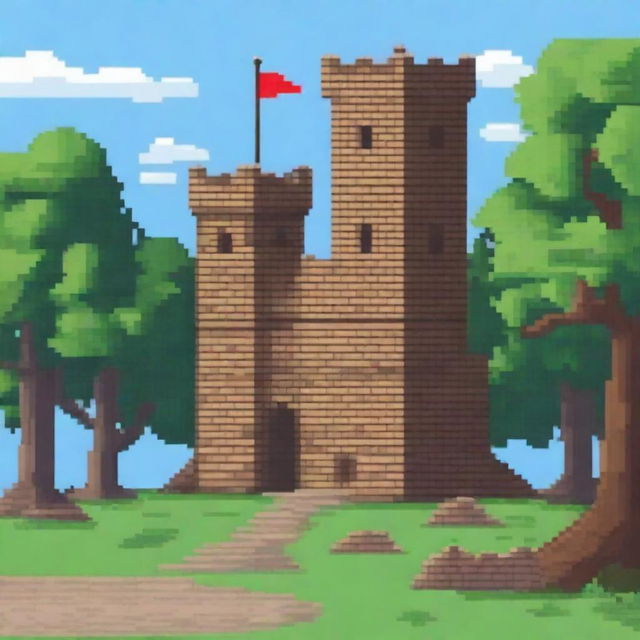 Create a pixel art image of an old castle tower made of bricks