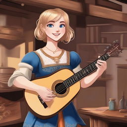 A detailed illustration of a 19-year-old human female bard with a blonde bob style hair and big blue eyes