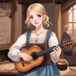 A detailed illustration of a 19-year-old human female bard with a blonde bob style hair and big blue eyes