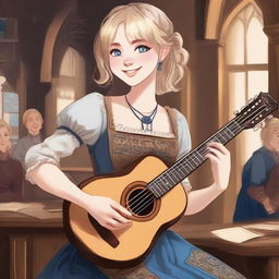 A detailed illustration of a 19-year-old human female bard with a blonde bob style hair and big blue eyes