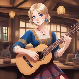 A detailed illustration of a 19-year-old human female bard with a blonde bob style hair and big blue eyes