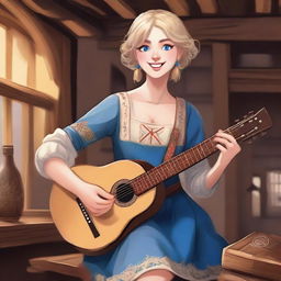 A detailed illustration of a 19-year-old human female bard with a blonde bob style hair and big blue eyes