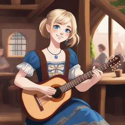 A detailed illustration of a 19-year-old human female bard with a blonde bob style hair and big blue eyes