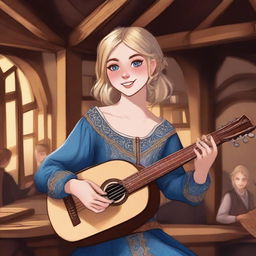 A detailed illustration of a 19-year-old human female bard with a blonde bob style hair and big blue eyes