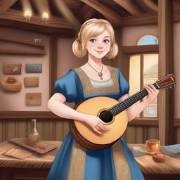 A detailed illustration of a 19-year-old human female bard with a blonde bob style hair and big blue eyes