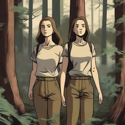 Two women, one with long brown hair and the other with short blonde hair, are searching for their lost sons in a dense forest