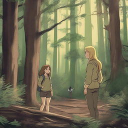 Two women, one with long brown hair and the other with short blonde hair, are searching for their lost sons in a dense forest