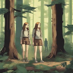 Two women, one with long brown hair and the other with short blonde hair, are searching for their lost sons in a dense forest