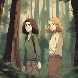 Two women, one with long brown hair and the other with short blonde hair, are searching for their lost sons in a dense forest