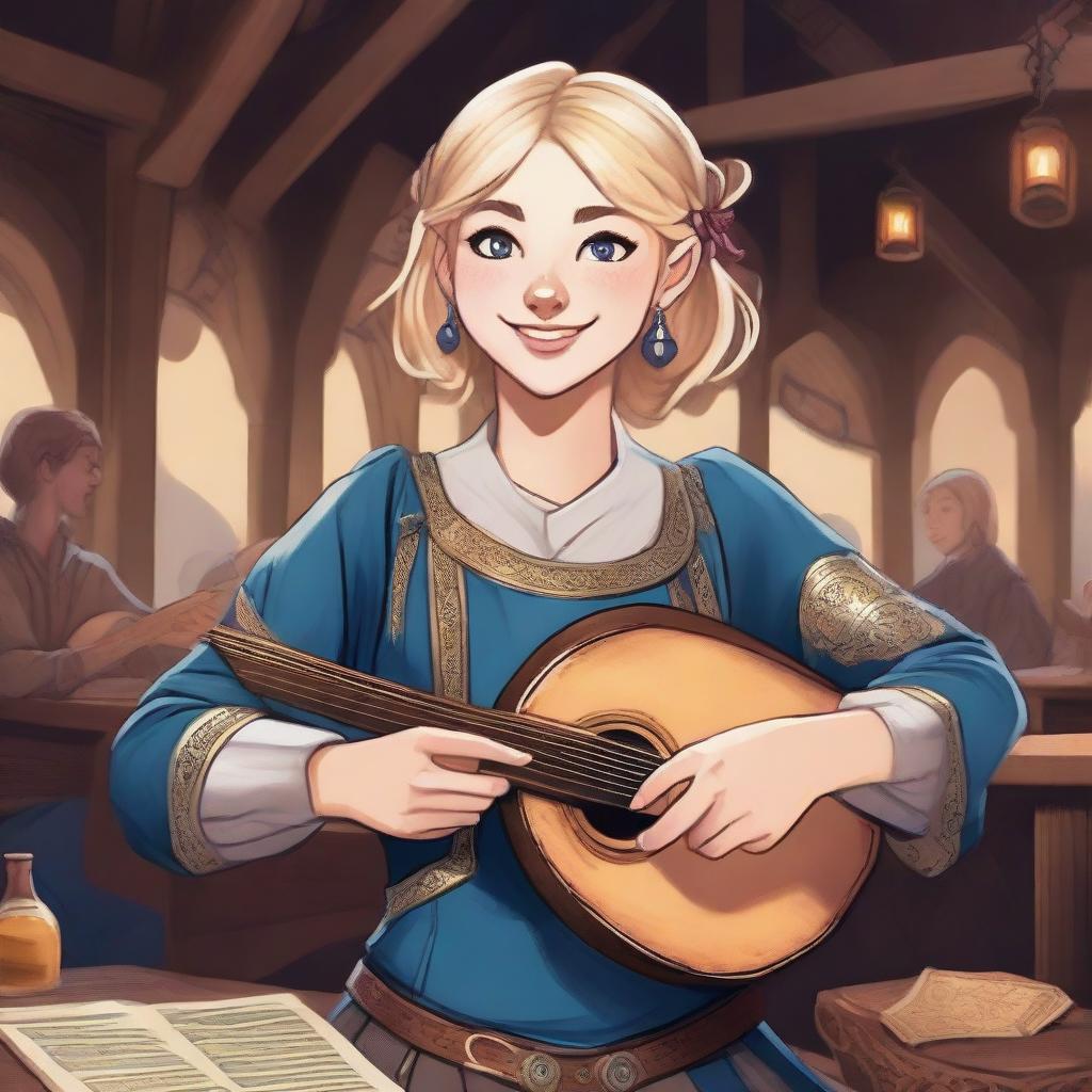 A detailed illustration of a 19-year-old human female bard with a blonde bob style hair and big blue eyes, designed for a Dungeons & Dragons (D&D) setting