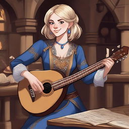 A detailed illustration of a 19-year-old human female bard with a blonde bob style hair and big blue eyes, designed for a Dungeons & Dragons (D&D) setting