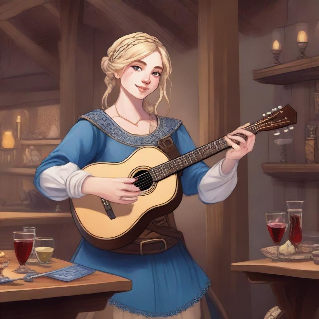 A detailed illustration of a 19-year-old human female bard with a blonde bob style hair and big blue eyes, designed for a Dungeons & Dragons (D&D) setting